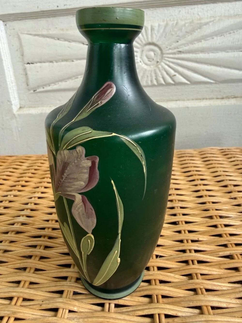 Antique 1910s Carl Goldberg Bohemian Art Nouveau Green Glass Vase Purple Flowers